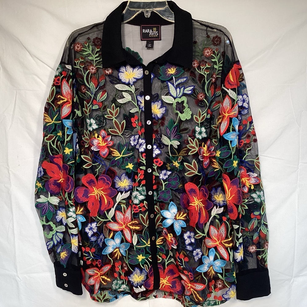 Rara Avis Embroidered Floral Black Sheer Blouse Women’s Size Large